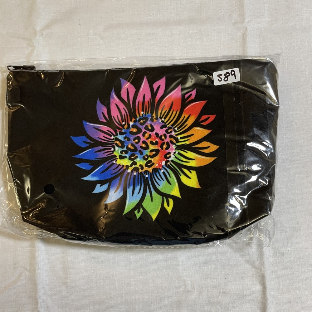 The Pouch Cosmetic BagBlack NEW Rainbow Sunflower Leopard Print Zipper